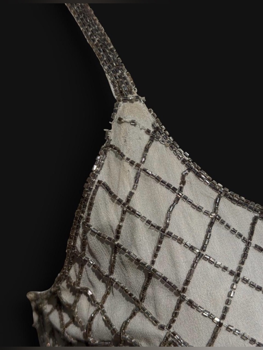 Vintage CACHE BEADED DRESS 100% Silk Gray Metallic Silver Beading Beads LARGE L - Picture 8 of 17